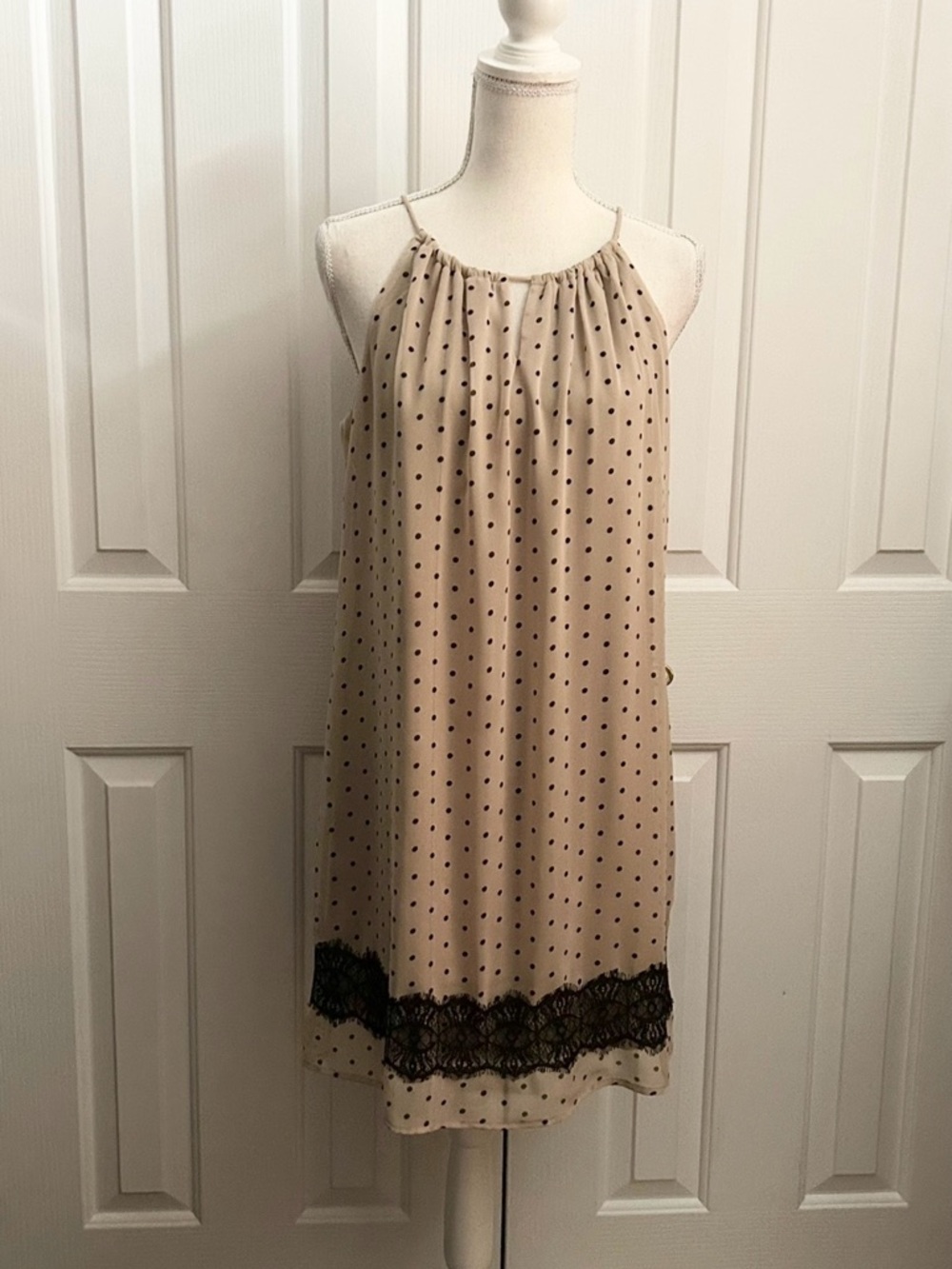 Beige Polka Dot Halter Dress with Black Lace Trim